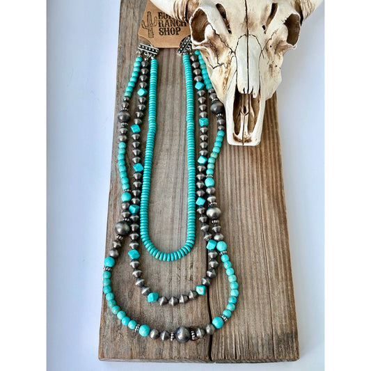 Preorder: 3 Layered Western Navajo Pearl + Turquoise Stone Necklace