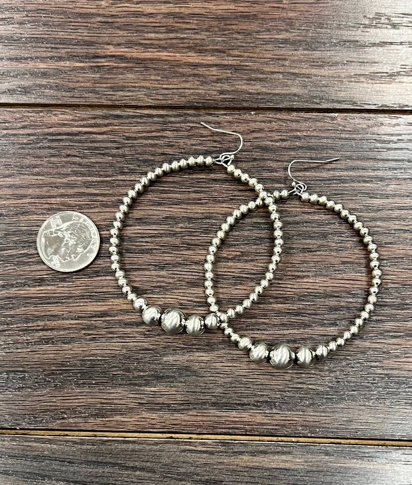 725733, Handmade Silver Navajo Bead, 65mm Hoop Earrings