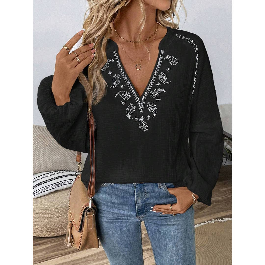 Design-Inspired V-Neck Embroidered Long Sleeve Blouse