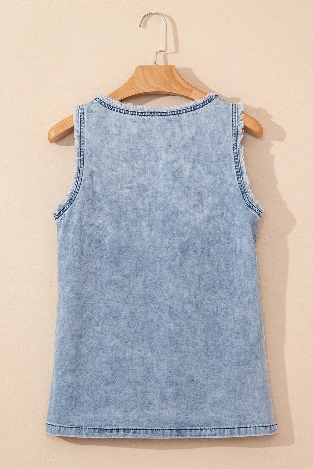 Mineral Wash Denim Frayed U Neck Sleeveless Top