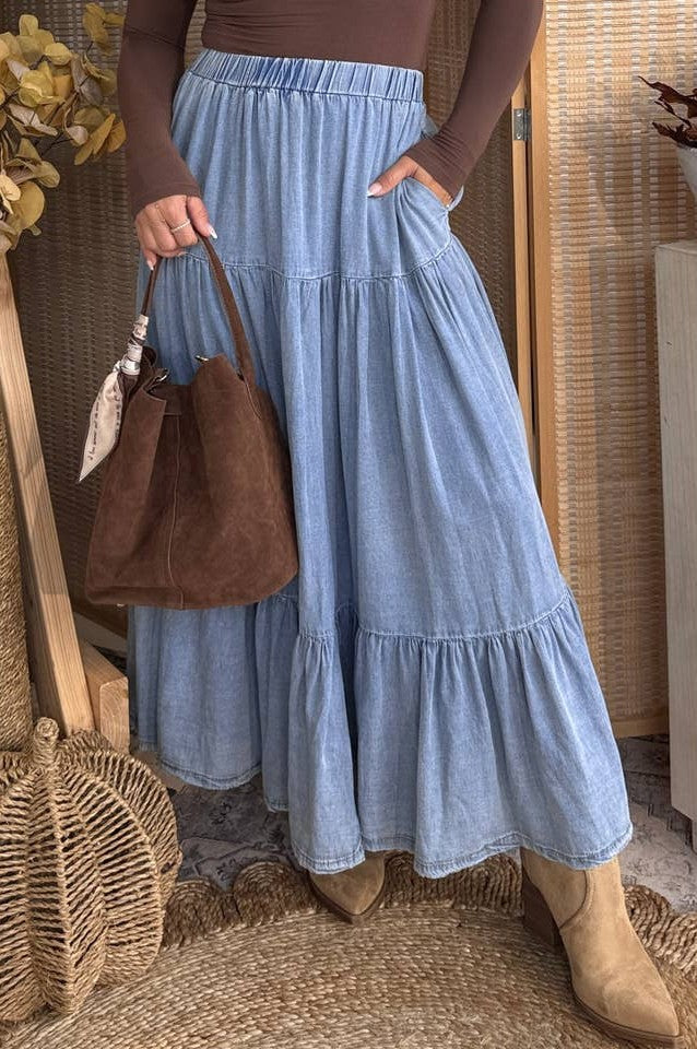 Preorder: Denim Ruffled Maxi Skirt