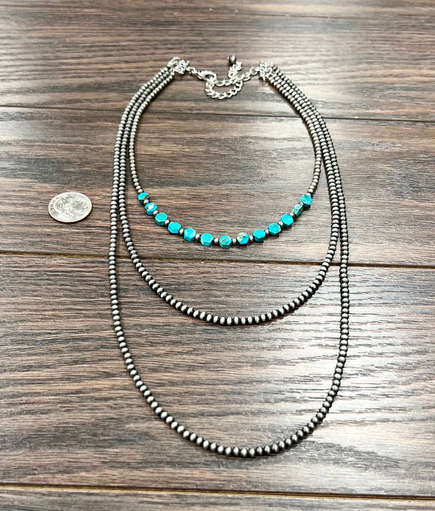 736104, Handmade 26" 3-strand Navajo Hexa Gemstone Necklace
