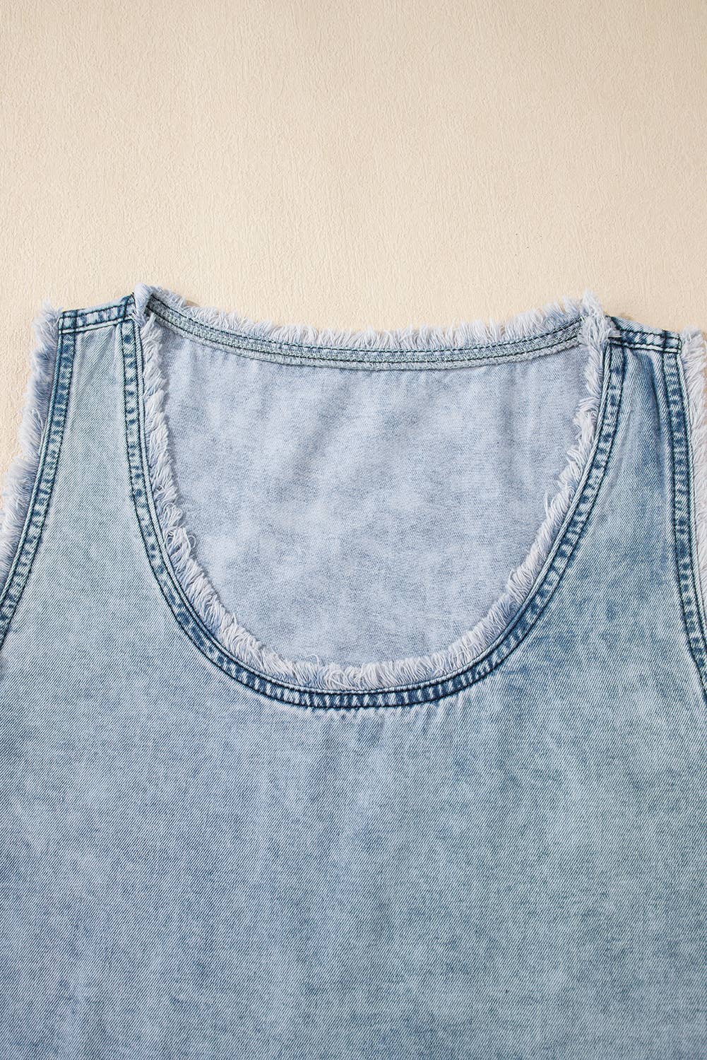 Mineral Wash Denim Frayed U Neck Sleeveless Top