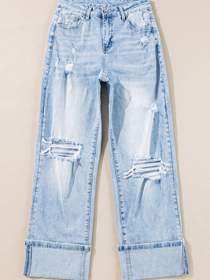 Preorder: Denim Light Wash Distressed Straight Jean
