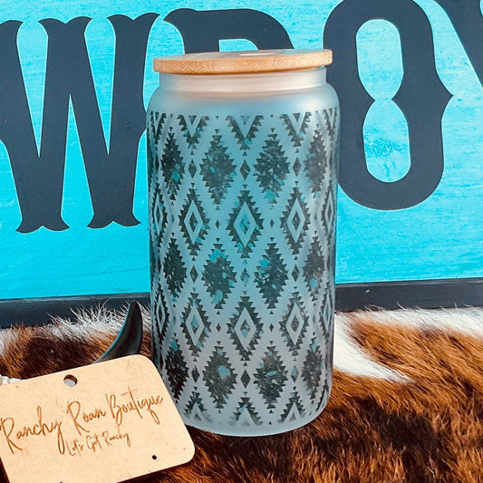 Preorder: Tribal Acid Turquoise 16oz Frosted Glass