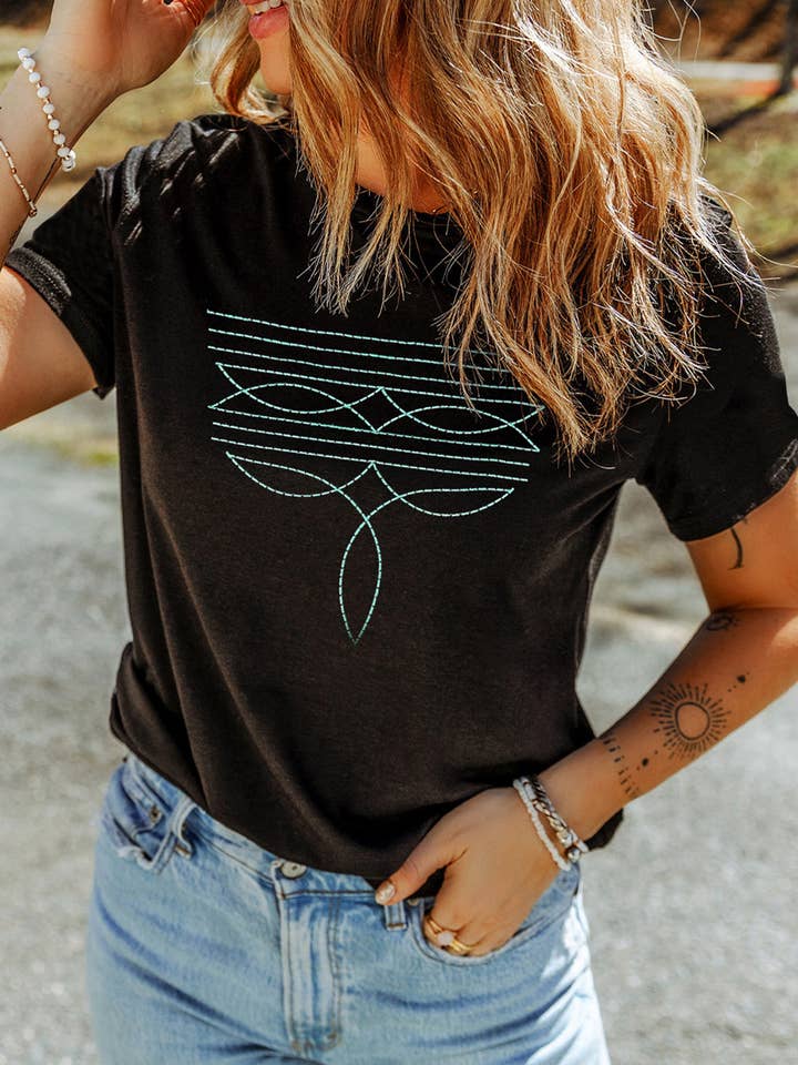 Preorder: Black Western Boot Stitch Tee