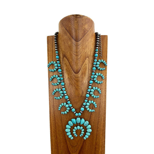 Handmade Beaded Turquoise Navajo Pearl Squash Blossom Necklace