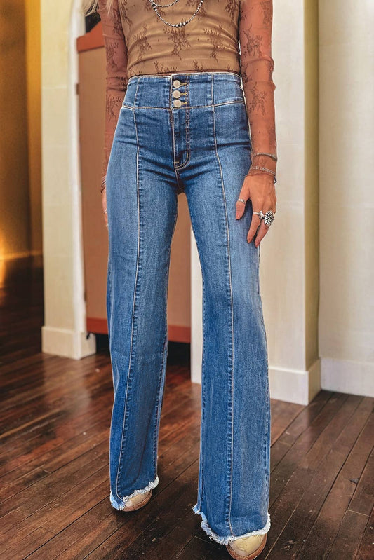 Western High Waist Button Flare Jeans