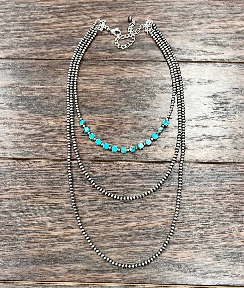 736104, Handmade 26" 3-strand Navajo Hexa Gemstone Necklace