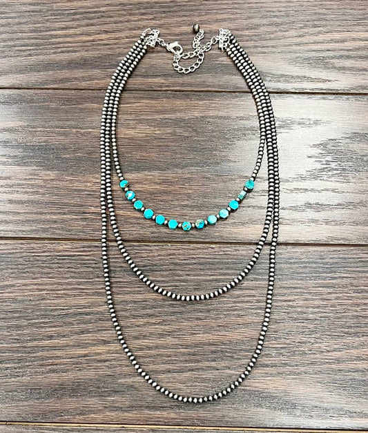736104, Handmade 26" 3-strand Navajo Hexa Gemstone Necklace