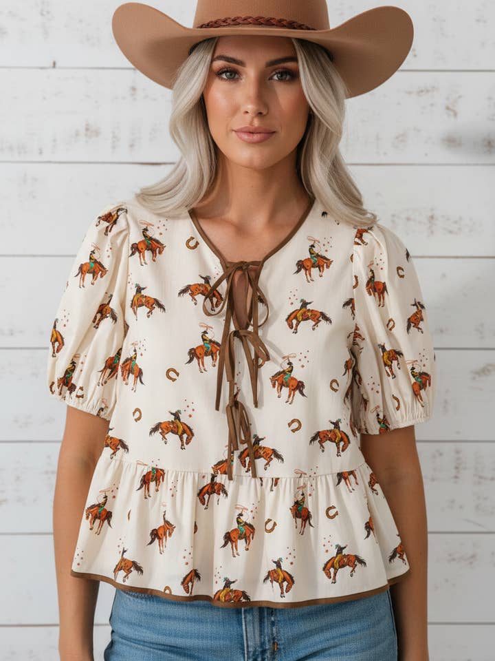 Preorder: Western Bow Puff Sleeve Blouse