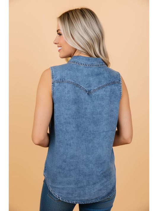 Preorder: Denim Button Front Collared Top