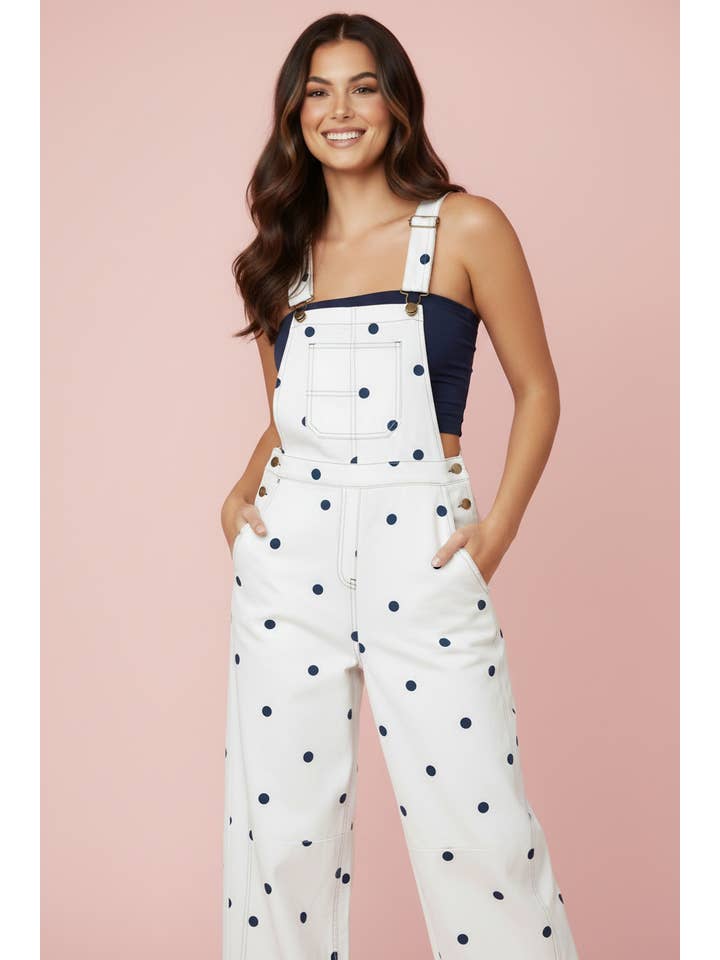 Preorder: Polka Dot Denim Barrel Overalls
