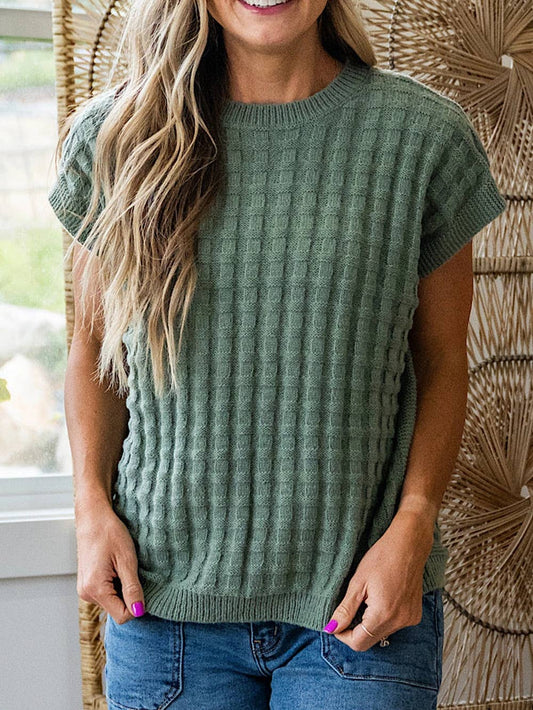 Preorder: Textured Round Neck Short Sleeve Sweater