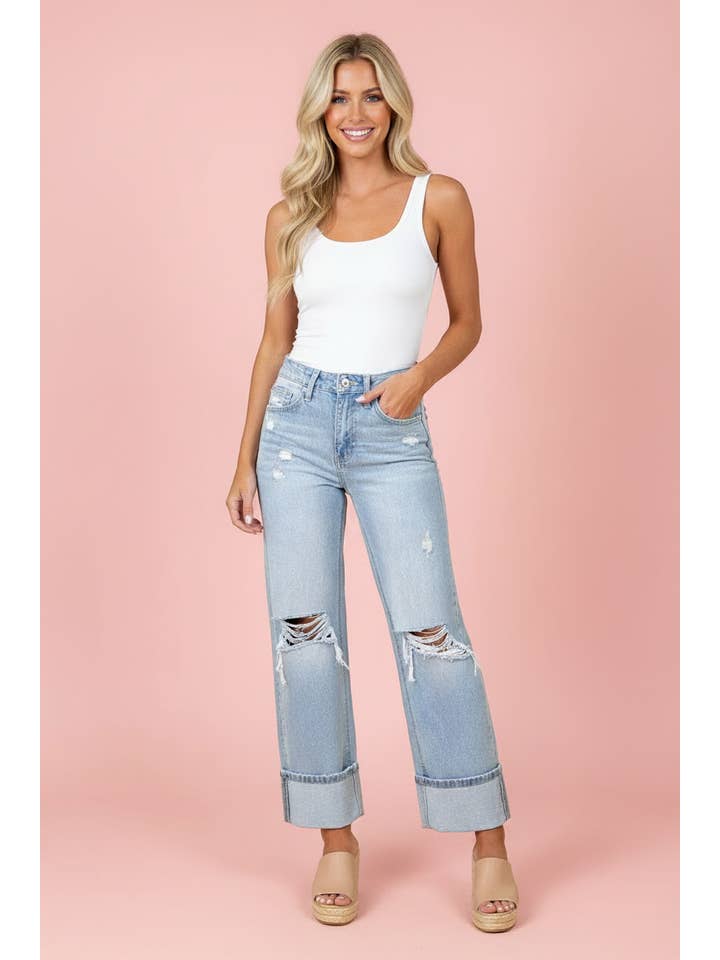 Preorder: Denim Light Wash Distressed Straight Jean
