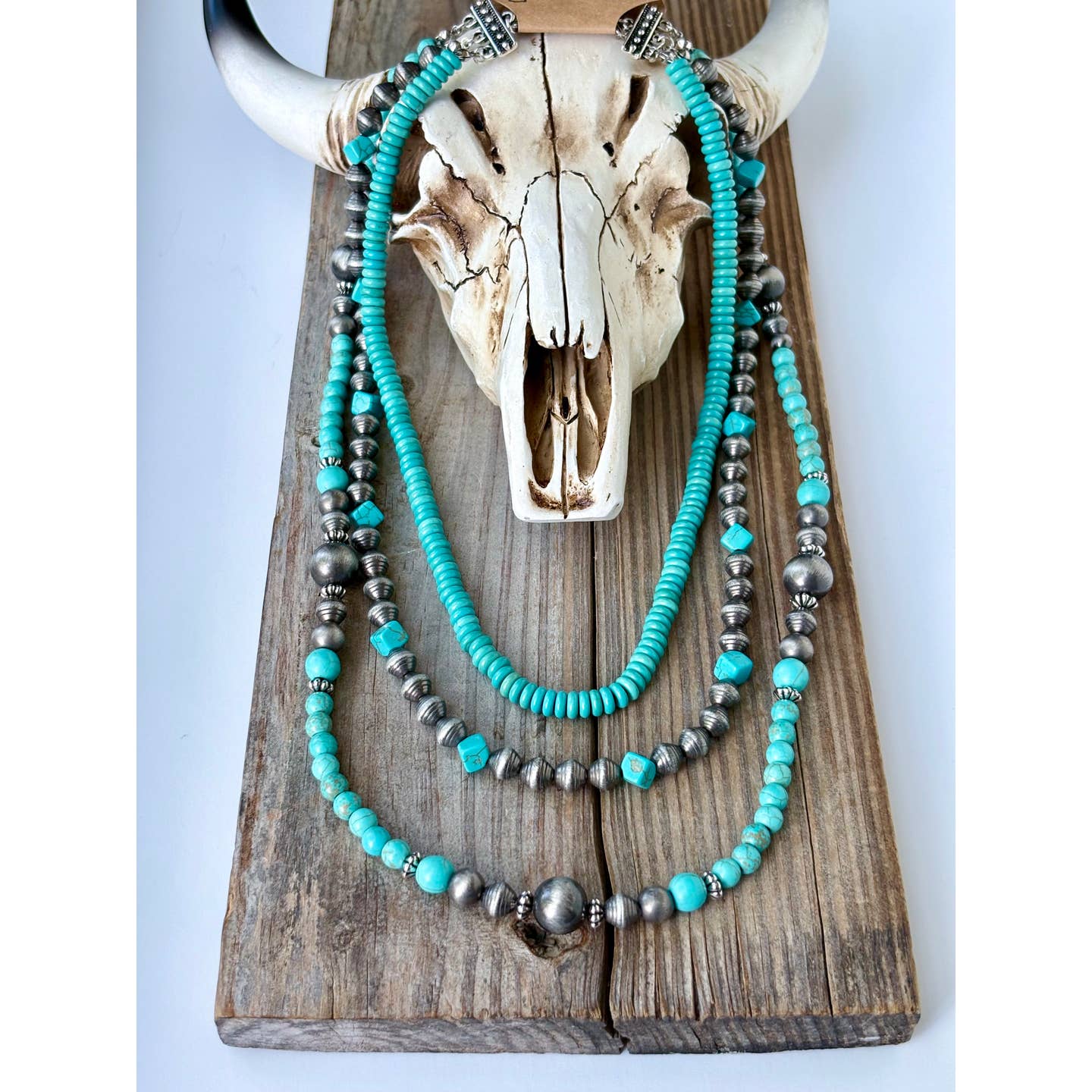 Preorder: 3 Layered Western Navajo Pearl + Turquoise Stone Necklace