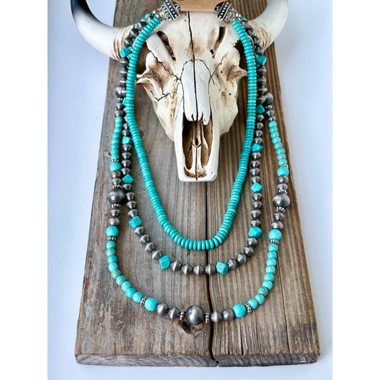 Preorder: 3 Layered Western Navajo Pearl + Turquoise Stone Necklace