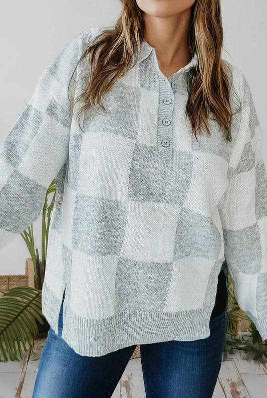 Checkered Pattern Button
Polo Collar Split Sweater