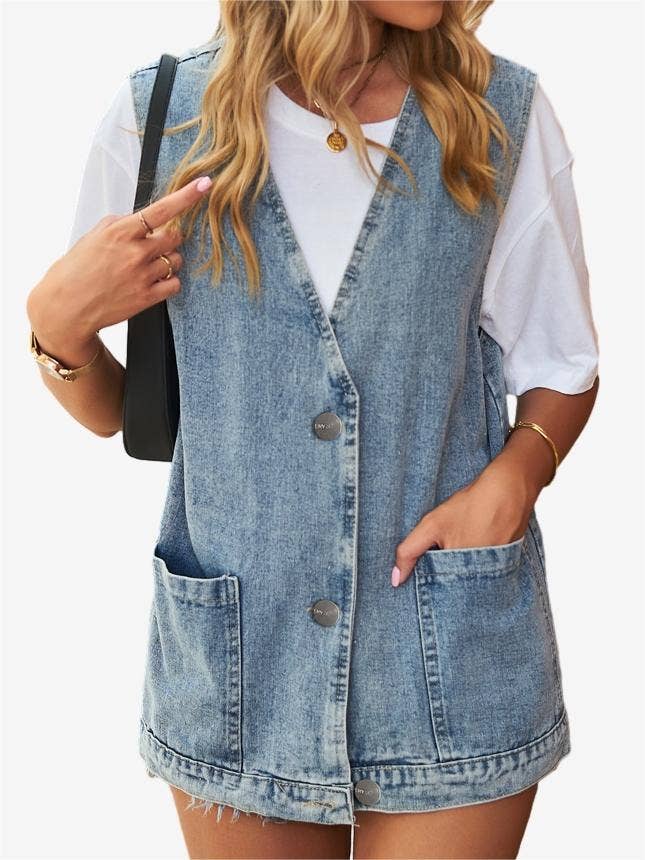 Solid V Neck Button Down Denim Vest
