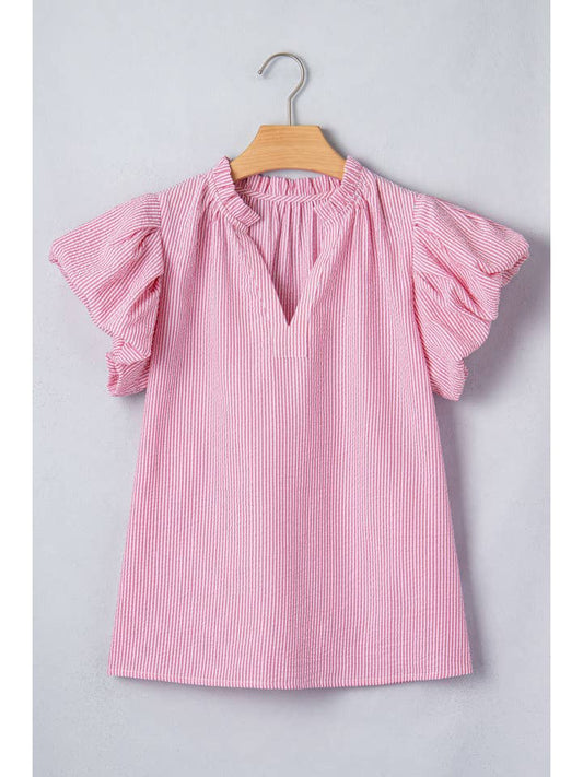 Preorder: Pink Stripe Bubble Sleeve Blouse