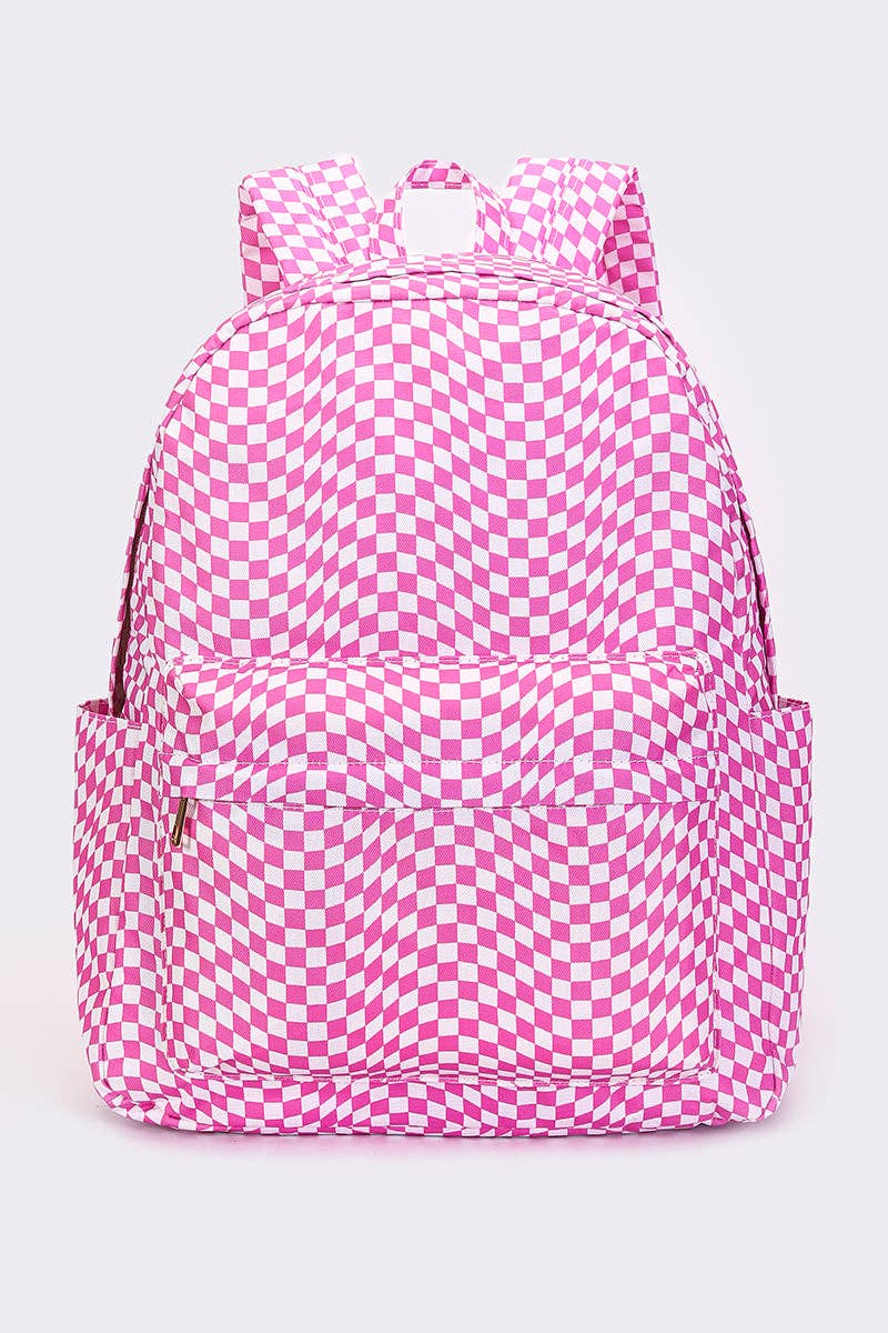 Girls Pink Wavy Checkered Canvas Backpack