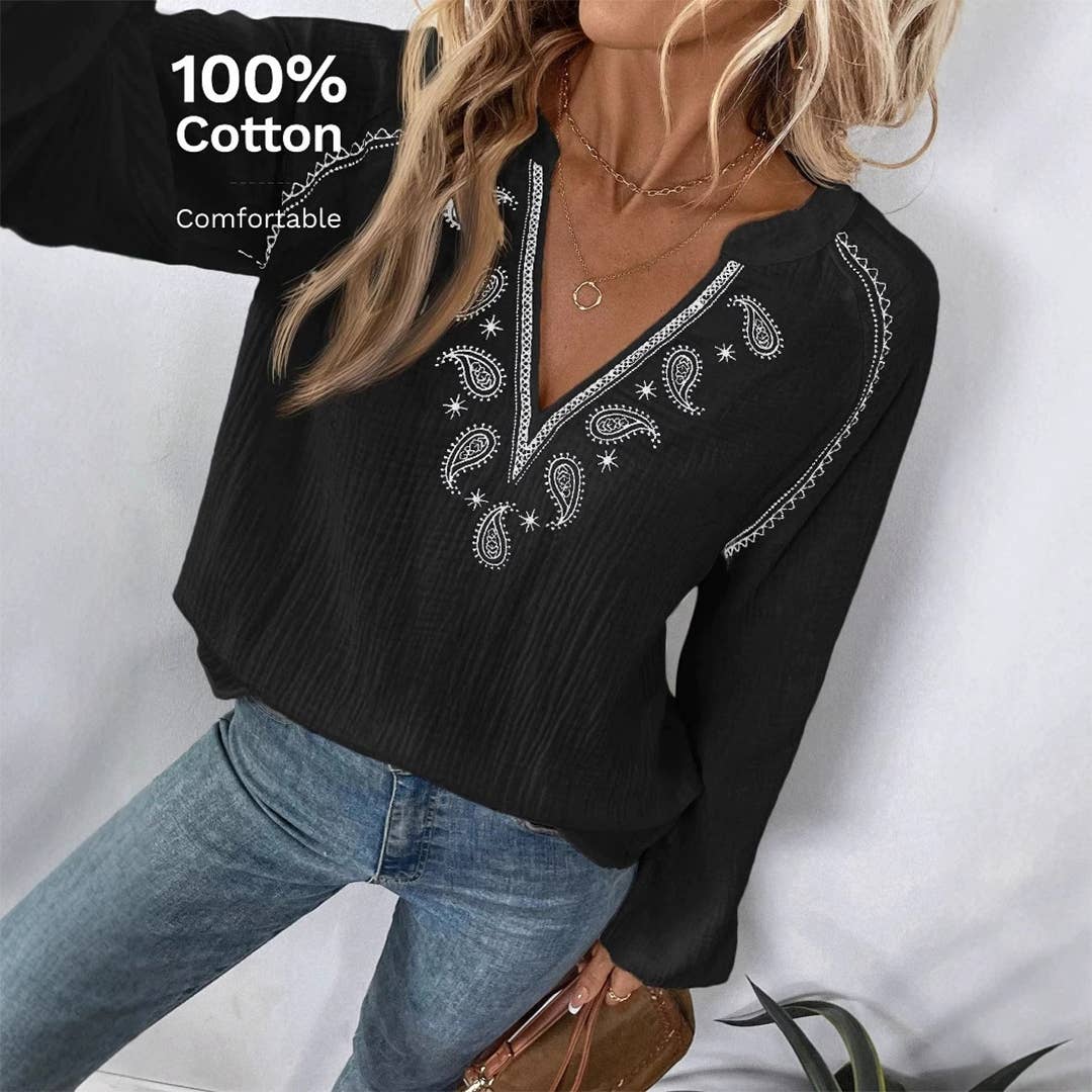 Design-Inspired V-Neck Embroidered Long Sleeve Blouse