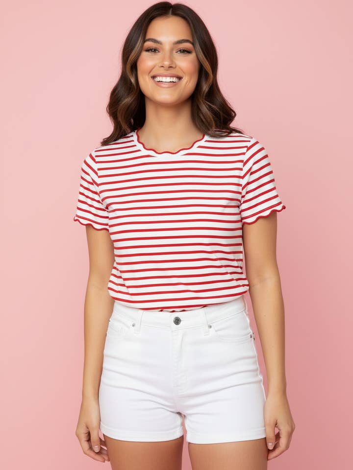 Preorder: Stripe Scallop Trim Tee (Plus Option)