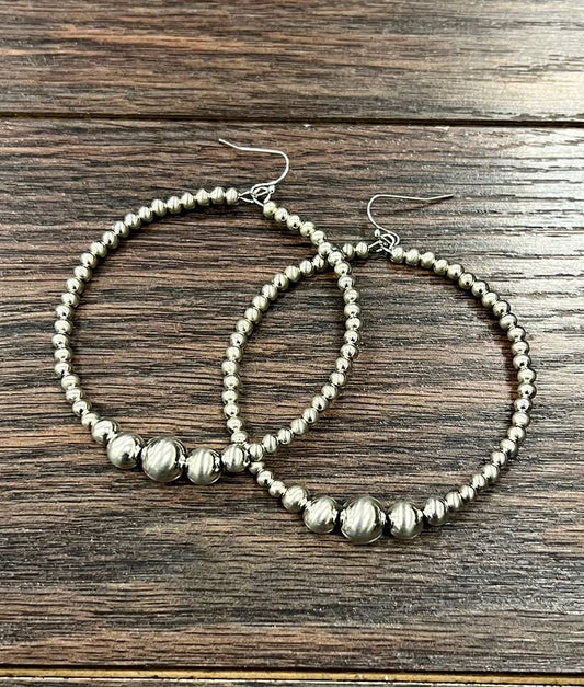 725733, Handmade Silver Navajo Bead, 65mm Hoop Earrings