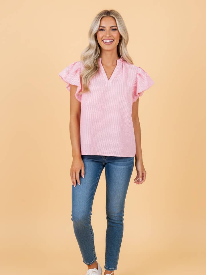 Preorder: Pink Stripe Bubble Sleeve Blouse