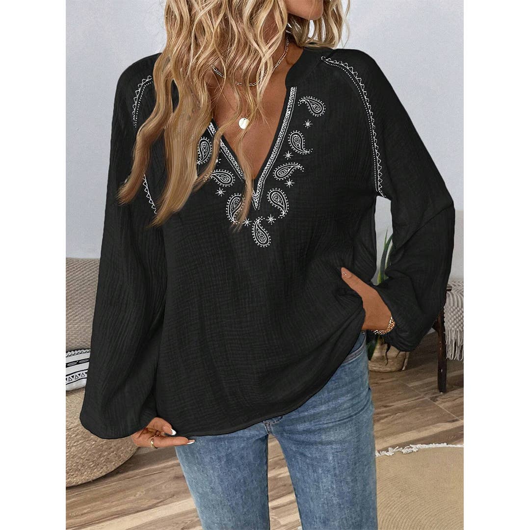 Design-Inspired V-Neck Embroidered Long Sleeve Blouse