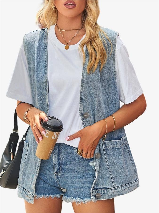 Solid V Neck Button Down Denim Vest