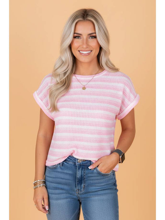 Preorder: Pink Stripe Waffle Knit Short Sleeve Shirt
