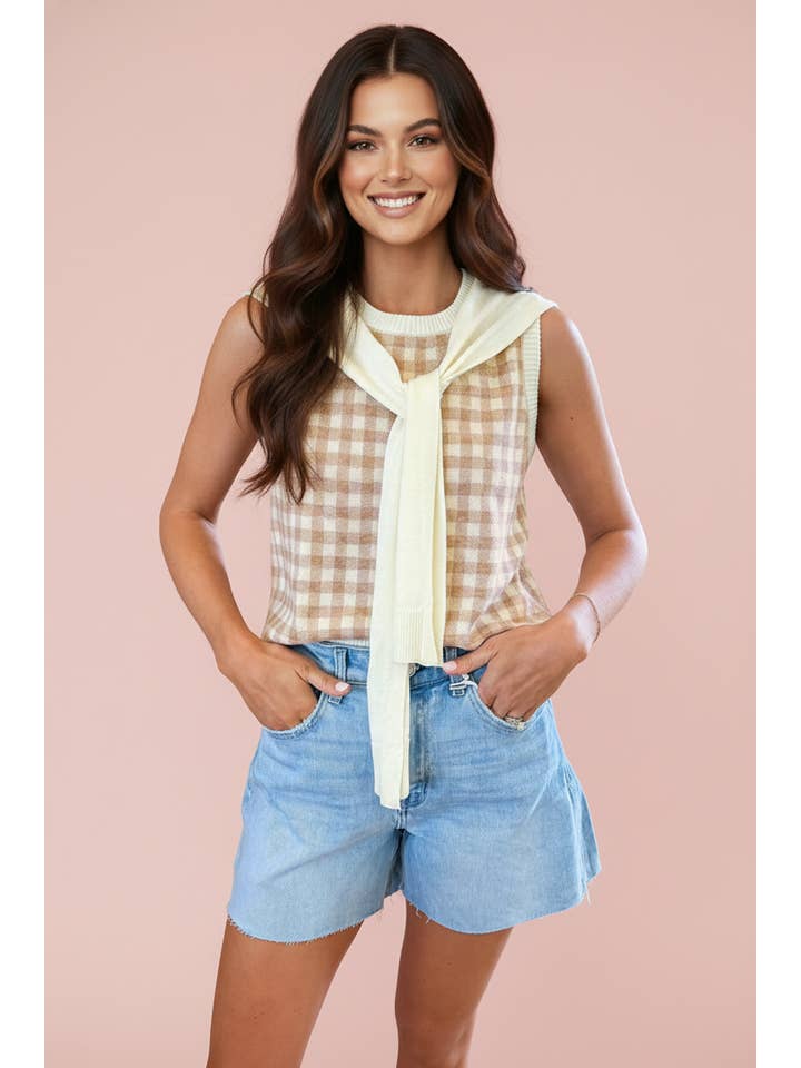 Preorder: Gingham Detachable Shawl Wrap Sweater Tank