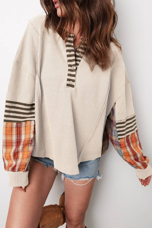 Waffle Plaid Half Button Pullover
